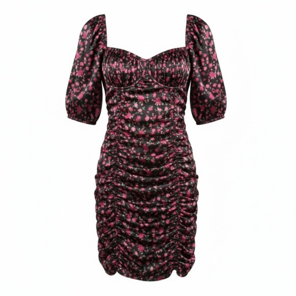 For Love & Lemons‎ Black Floral Ruched Mini Dress | Puff Sleeve